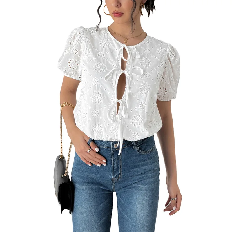 Года французская полая женская рубашка на шнуровке с пышными рукавами