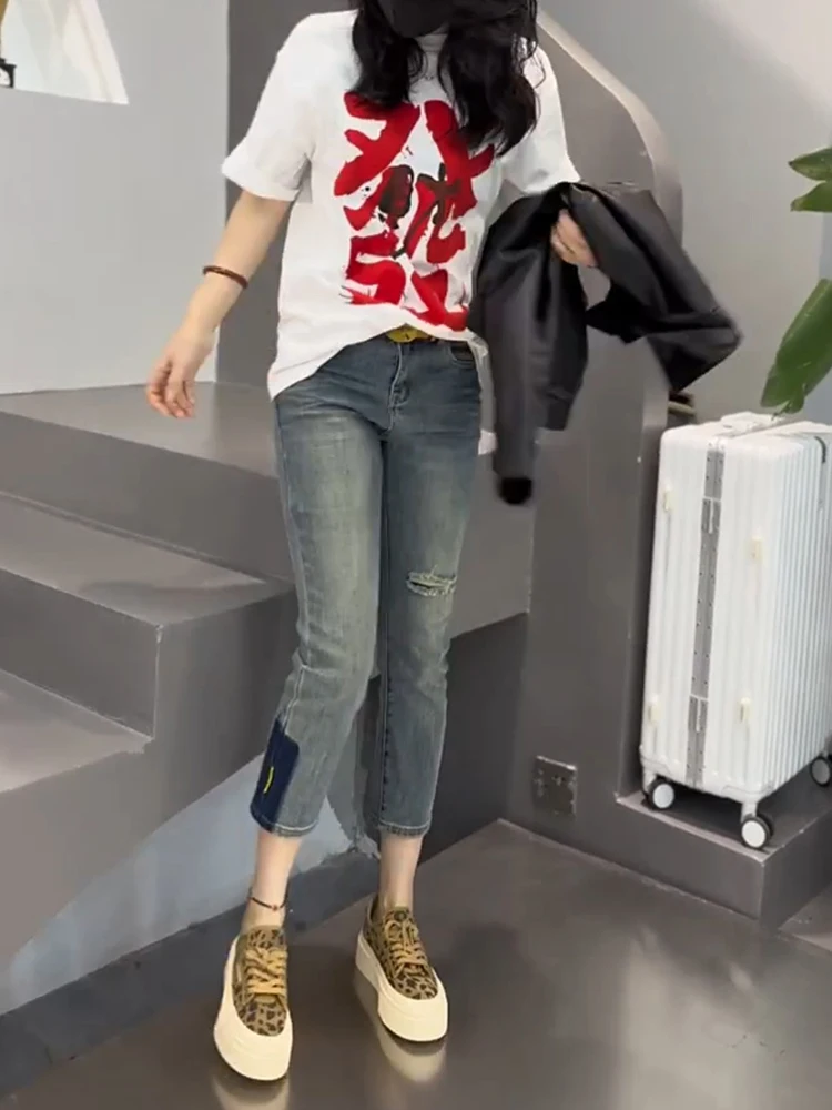 Y2k Pants Style High Waist Elastic Hole Small Feet Jeans Women 2023 Summer Slim Slim Slim Nine-point Pencil Pants