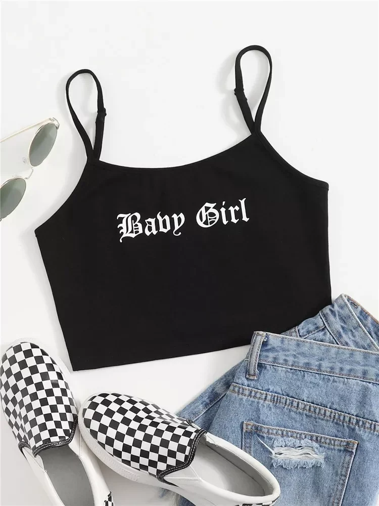 

2023NEW Letter Graphic Spaghetti Strap Crop Cami Top Women Summer Y2K Clothes Black Punk High Street Style Tee Shirt 2022 Tanks