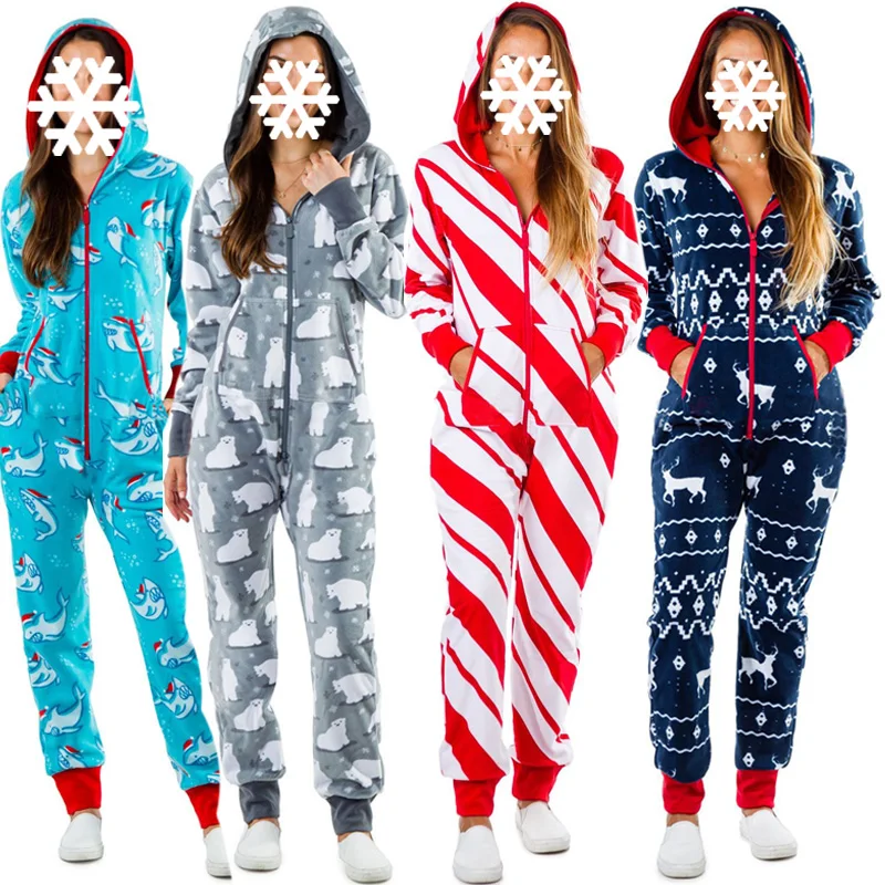 

Winter Woman's Hooded Onesies Christmas Home Pajamas One Piece Adult Romper Women Plus Size Nightwear Jumpsuit Sleepwear