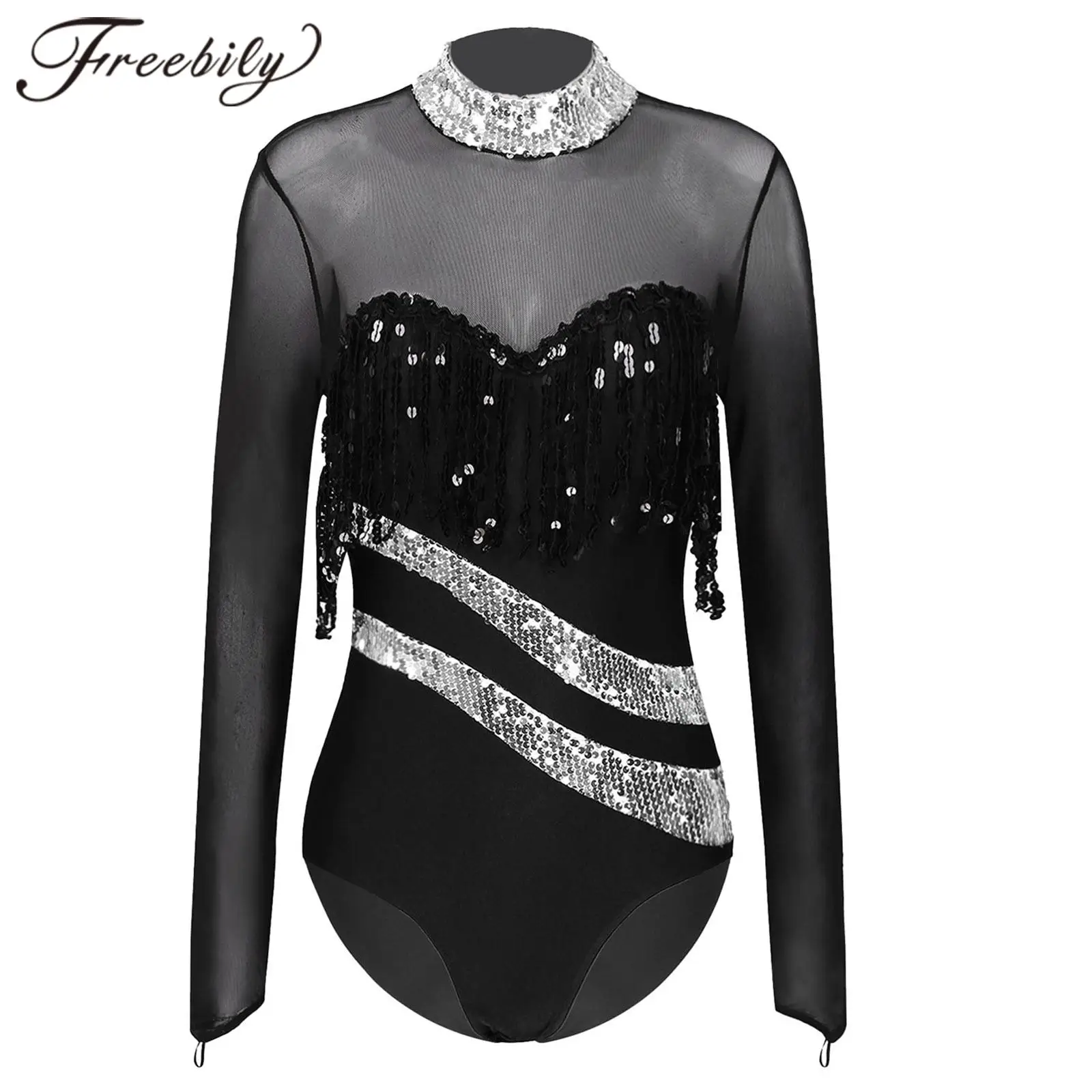 

Gymnastics Leotard for Woman Shiny Rhinestone Ballet Dance Leotards Womens Sequins Tassel Long Sleeve Figure Skating Jumpsuit