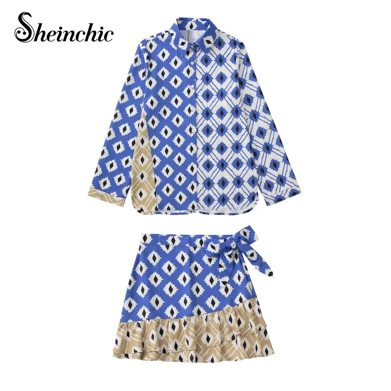 

Vacation Bohemian Floral Printed Outfits for Women 2022 Summer Vintage Long Sleeve Top+mini Skirts Two Piece Sets