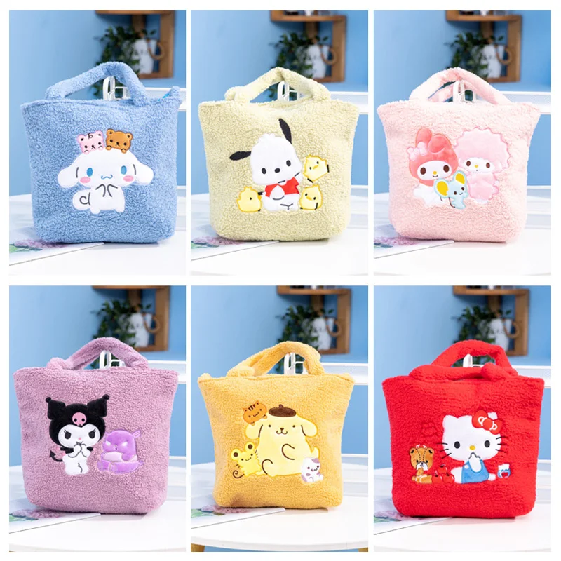 

New Kawaii Sanrioed Cartoon Lamb Wool Handbag Hellokittys Cinnamoroll Kuromi Anime Plushie Large Capacity Shoulder Bag Cute Gift