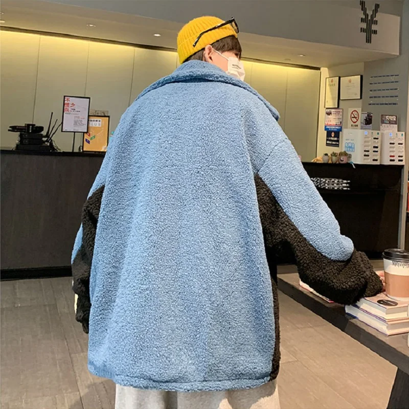 Men's Fashion Color Matching Faux Lamb Plush Cotton Jacket Ins Loose Casual Thickened Stand-up Collar  Winter Jacket Men