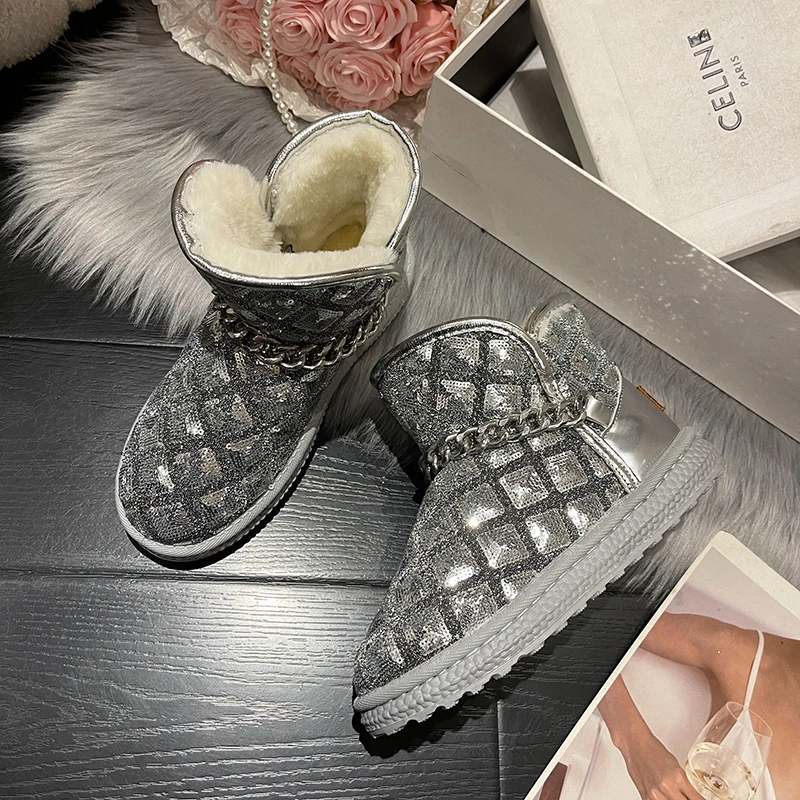

Женские зимние ботинки с блестками, теплые плюшевые кожаные утепленные ботинки на плоской подошве, Нескользящие водонепроницаемые ботинки для улицы, новинка зимы 2022