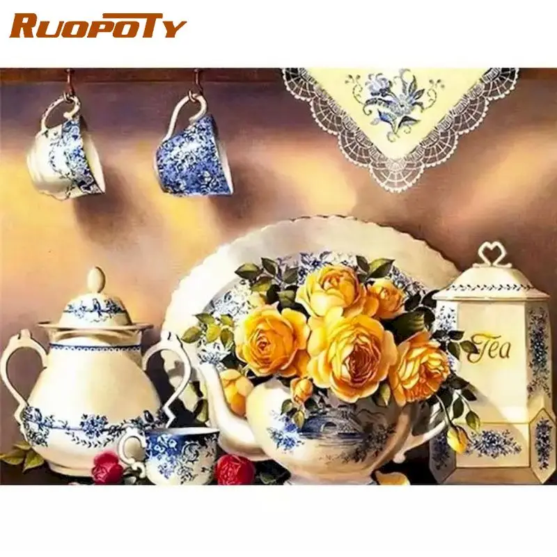 

RUOPOTY Diy Pictures By Numbers Kits For Adults Tea Set Unframe Acrylic Paints Coloring Drawing By Numbers Personalized Gift