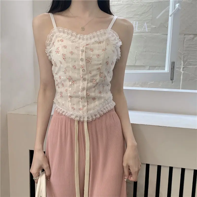 

Summer Tube Crop Tops Cropped Vest Women Sexy Lace Tank Top Knitting Printed Patchwork Spaghetti Strap All-match Skinny Bustier