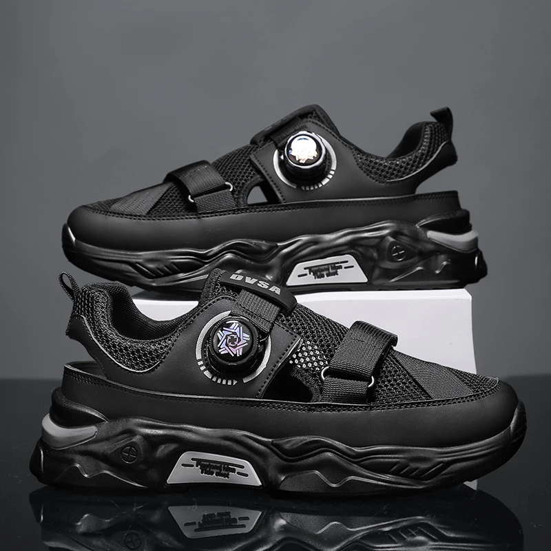 Мужские сандалии с вращающейся пряжкой легкие Нескользящие сетчатые кроссовки