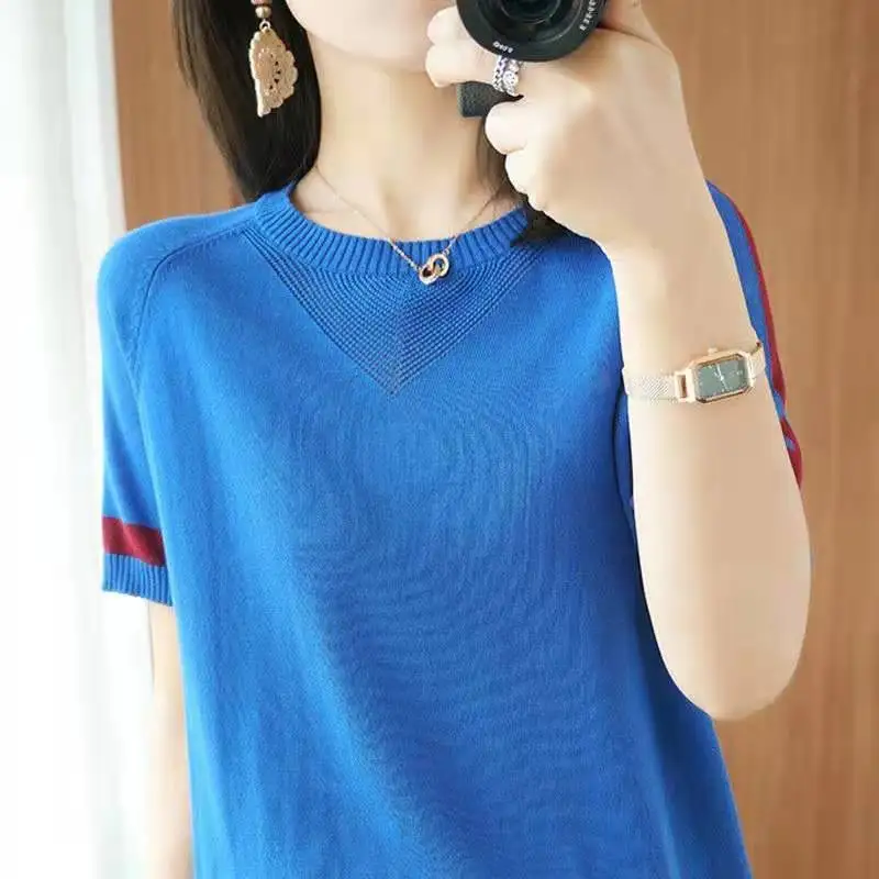 

2023 Hollow Out T Shirt Short-Sleeved Summer New Solid Color Shirt Vest Ladies O-Neck Knitted Loose T-Shirt Women Tee Q237