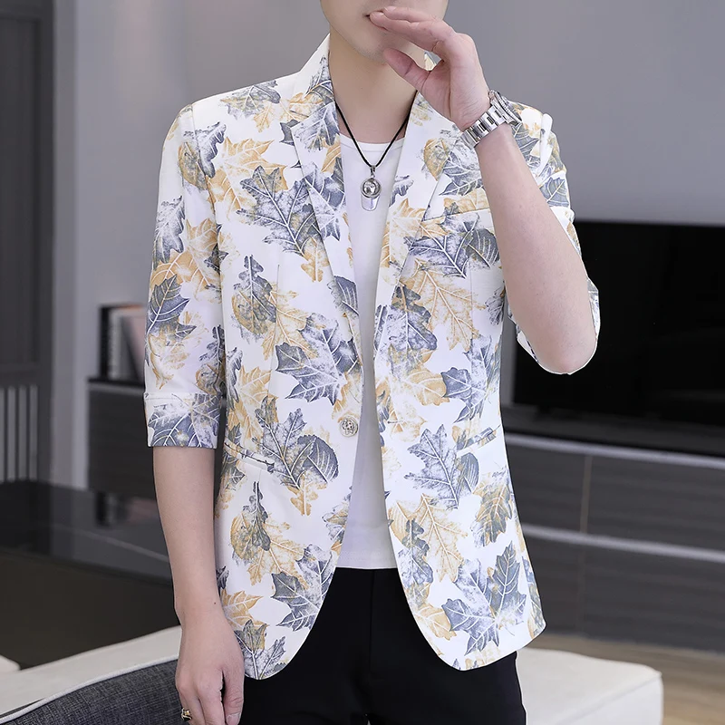 

Spring Summer Men Blazers Flower Half Sleeve Casual Suit Jacket Wedding Business Street Wear Social Jacket Slim Fit Dress Coat