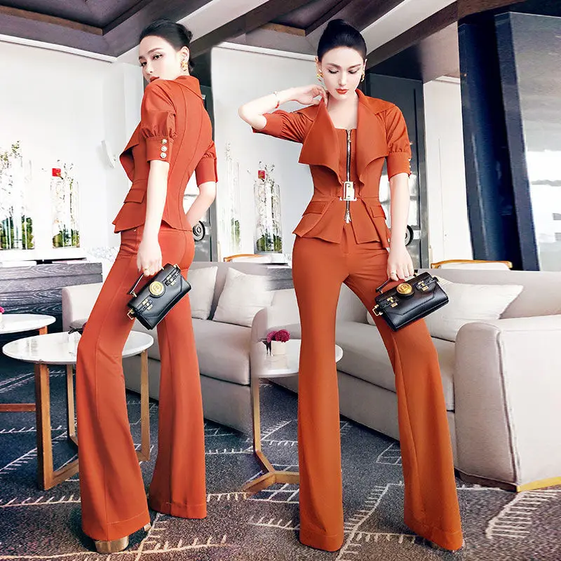

Womenn 2022 Summer Fashion Suits Female Short-sleeved Lapel Zipper Coats + Hihg Waist Flare Pants Ladies Two-piece Sets O200
