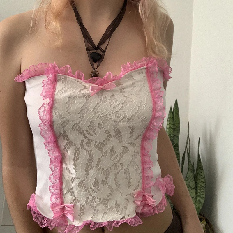 

Women Strapless Tops Sexy Club Slim Gothic Contrast Color Bow Backless Y2k Fashion Crop Top Girl Skinny Lace Tank Top 2 Colors