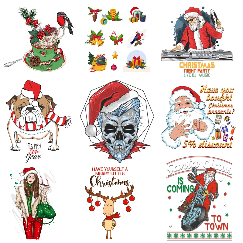 Рождественские нашивки с черепом, Санта-Клаусом, байкерские нашивки на одежду, Мультяшные милые нашивки с рисунком птицы, собаки, оленя, термонаклейки, аппликации