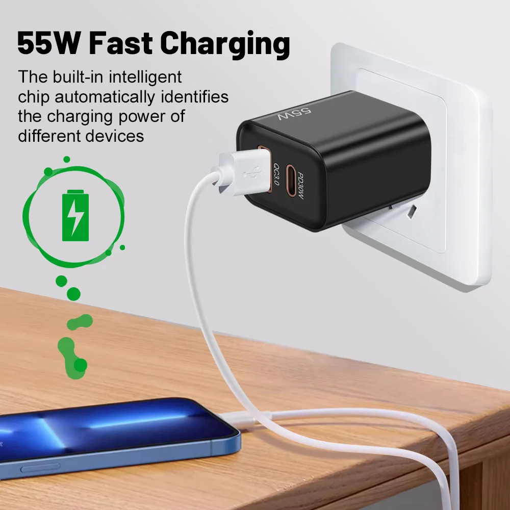 Фото 55 Вт PD Fast USB Charge Charger 2 порта EU US Plug Настенное зарядное устройство Адаптер для iPhone Xiaomi Huawei Samsung USB C Зарядное устройство для телефона №5