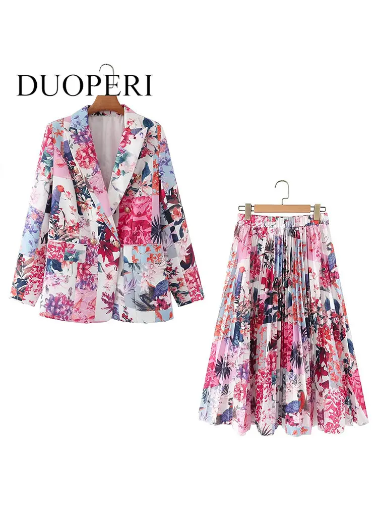 

DUOPERI Women Fashion 2 Piece Set Suits Printed Double Breasted Blazer & Vintage Pleated Skirts Female Chic Lady Blazer Suits