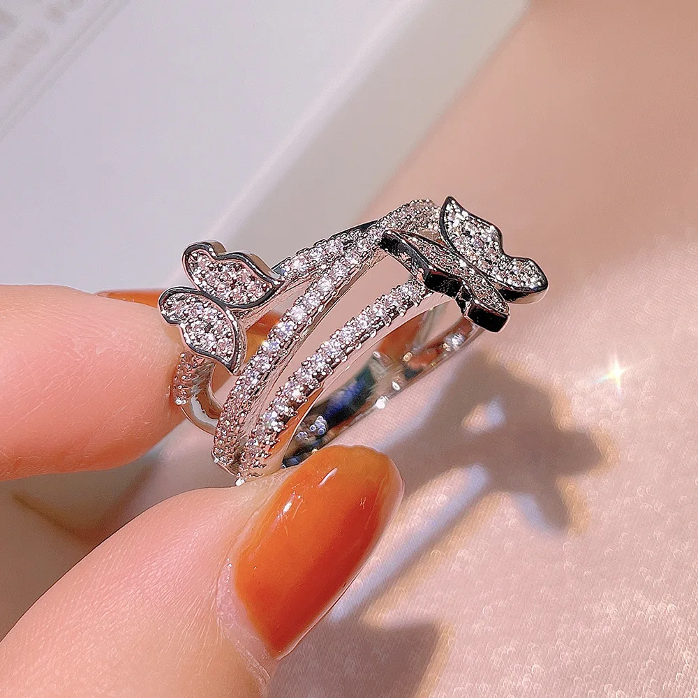 

Luxury Crystal Butterfly Double Layer Zircon Wedding Rings For Women Charm Silver Shiny Engagement Jewelry Accessories