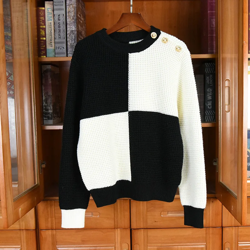 2022 Autumn Winter Fashion Sweaters & Pullovers High Quality Women Black White Color Block Knitting Button Deco Long Sleeve Tops