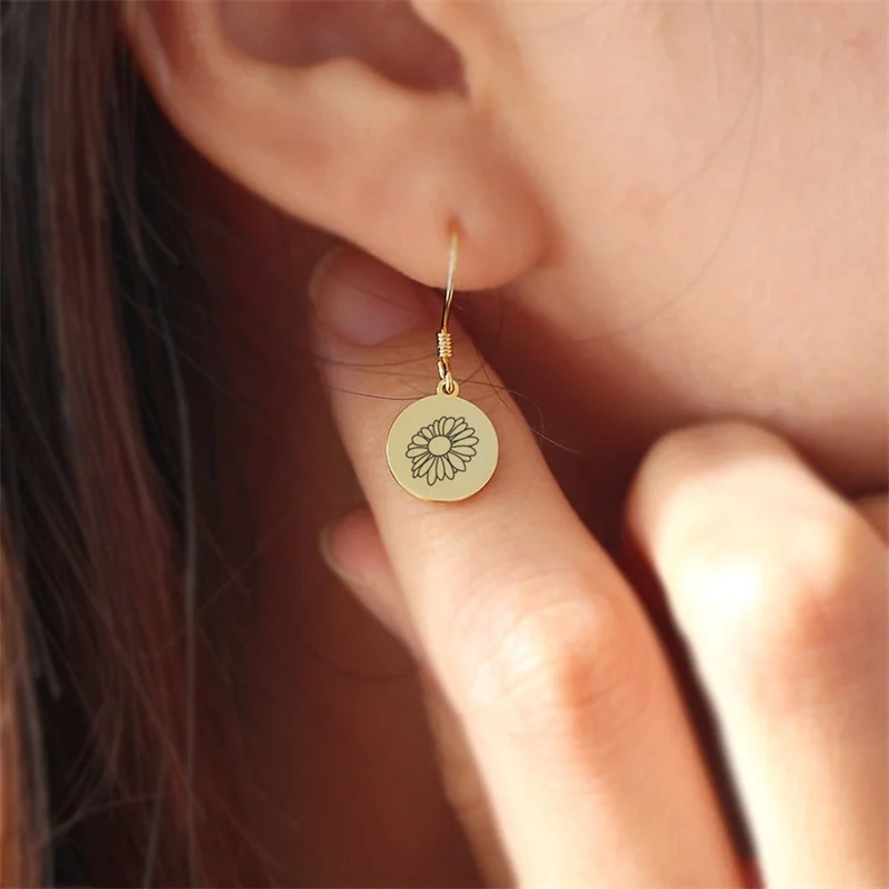 Customized Earring for Women Personalised Engraving Birthday Flower Stainless Steel Round Earring Jewelry Gifts Pendientes Mujer