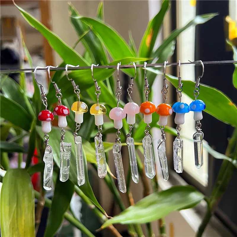 

Glass Mushroom & Crystal Point Earrings for Forest Lover Gift (3+ Colors |indie Jewelry) Toadstool Drop Earrings Cottagecore
