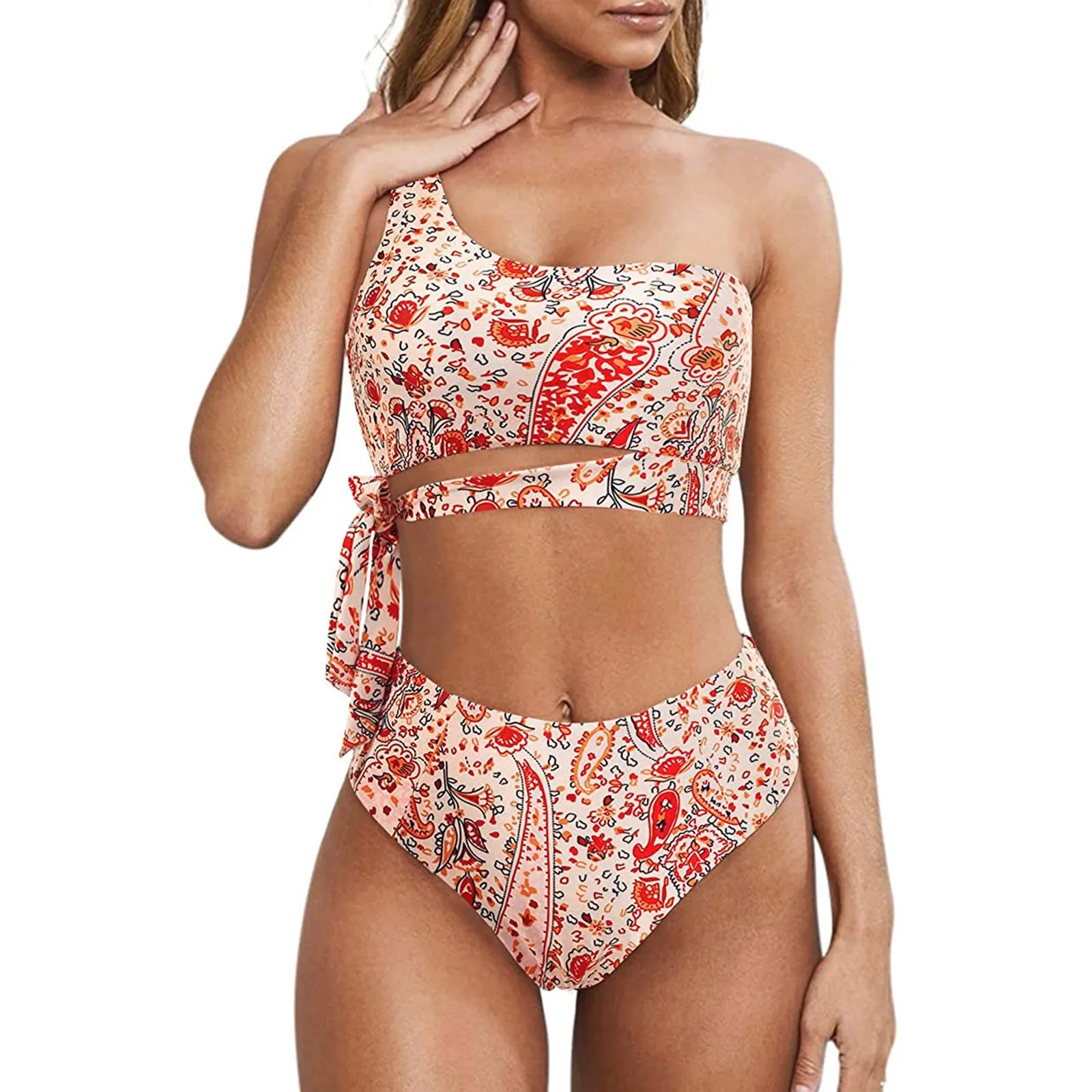 

Women Sexy One Shoulder Bikini Set Push Up Bathing Swimwear Two Pieces High Waist Swimsuit Printed Women Sexy Swimsuits 3 Piece