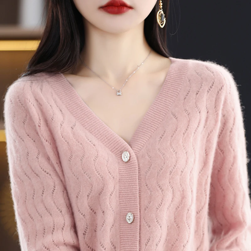 

V-neck 100% Pure Wool Knitted Cardigan Women's Thin Loose Hollow Out Short Sweater Coat Long Sleeve Top Cashmere Autumn Winter