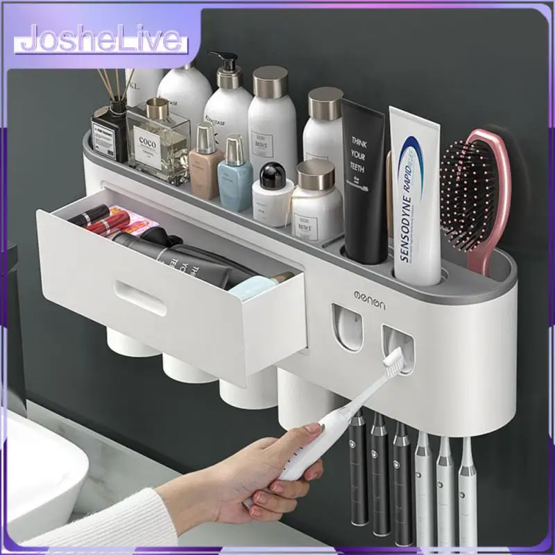 

No Punching Toothbrush Holders Storage Racks Magnetic Adsorption Upside-down Draining Gray Toothpaste Dispenser Rack Abs Plastic
