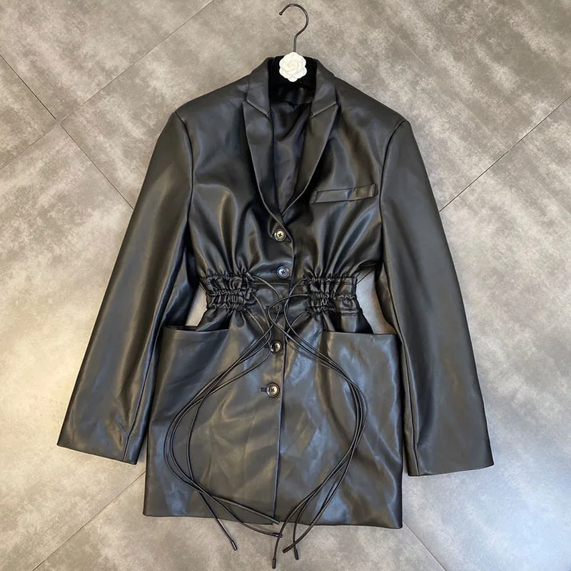 Women Leather Coat Drawstring Bandage Black Long Women Leather Jackets Vintage Fashion Winter Women's Clothing 2022