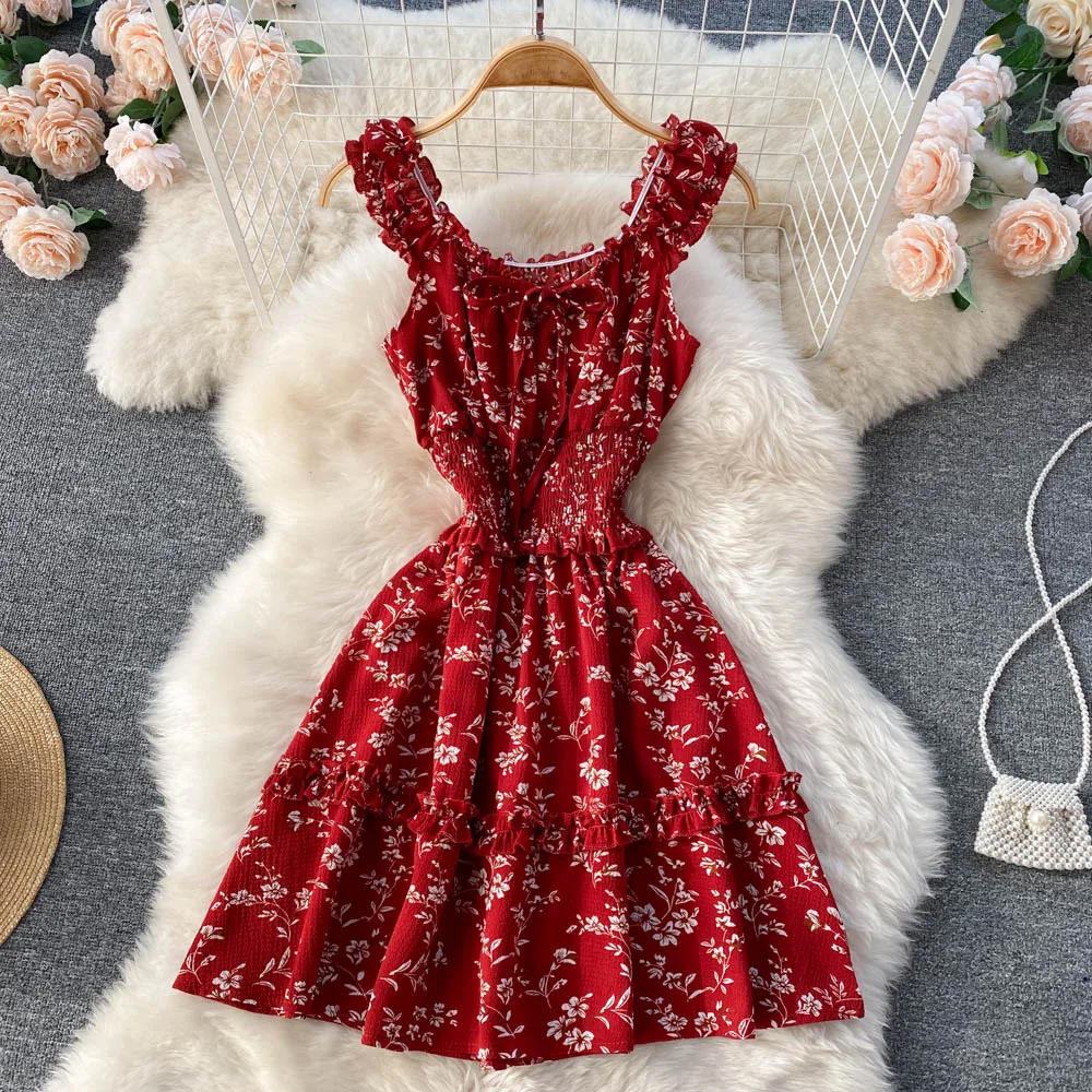 

D496 Women New Fashion Summer Sexy Sweet Wooden Ins Holiday Floral Print A-line Short Dress Clothes Vestidos