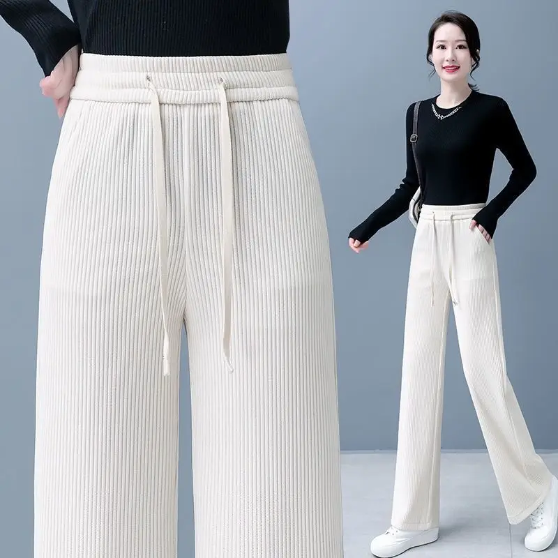 Autumn Winter Fashion New Corduroy Wide Leg Pants Korean Women Elastic High Waist Casual Solid All-match Loose Straight Trousers