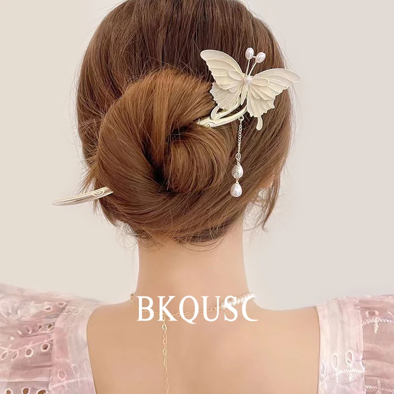 

Женская глазурованная заколка для волос в форме бабочки, Китайская древняя жемчужная кисточка, Шпилька для волос для женщин, металлические винтажные палочки для еды, заколка для волос, головной убор