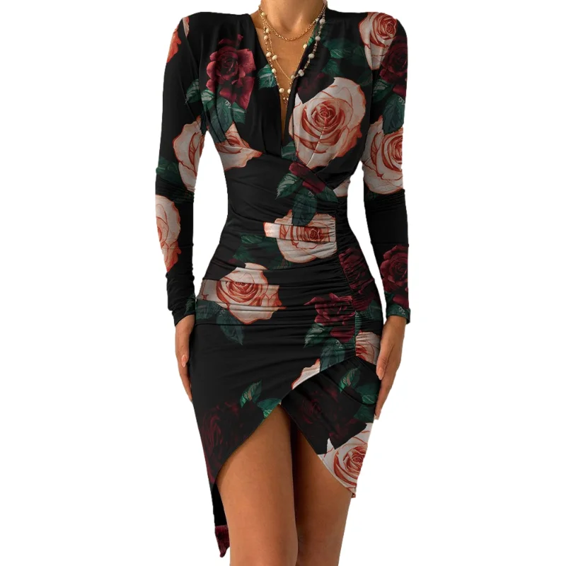 

Elegant Dresses For Women V Neck Leopard Stitching Print Sexy Dress Women Autumn High Waist Slim Office Ladies Dress 2022