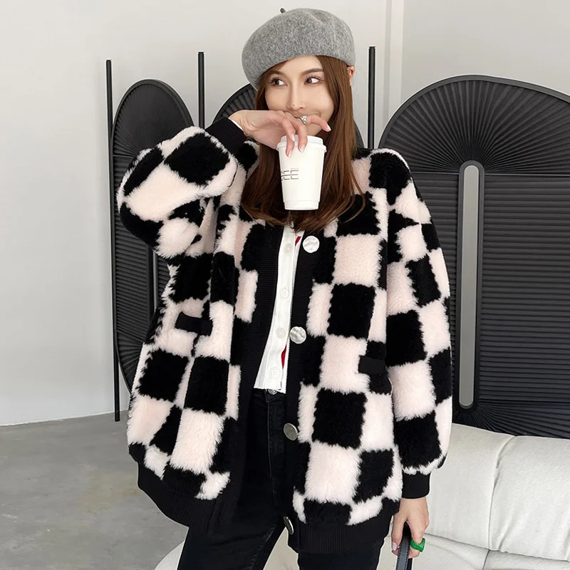 Plaid Plush Coat Women 2022 Fashion Lamb Wool Mid-length Korean Chic Lady Sheep Shearling Coat Winter Casual Warm Fur Jackets