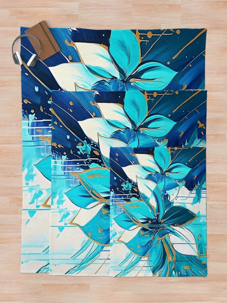 Абстрактная сине-белая цветочная картина с золотыми акцентами - футуристическое