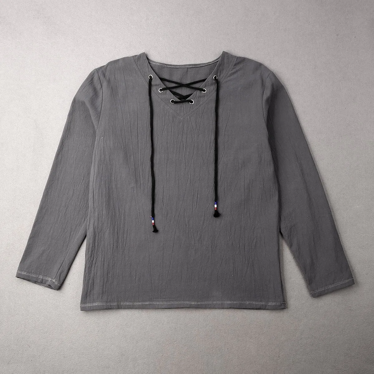 men fashion trend pullover bottoming shirt summer autumn new solid V-neck rope men's long-sleeved cotton linen shirt Asian Size