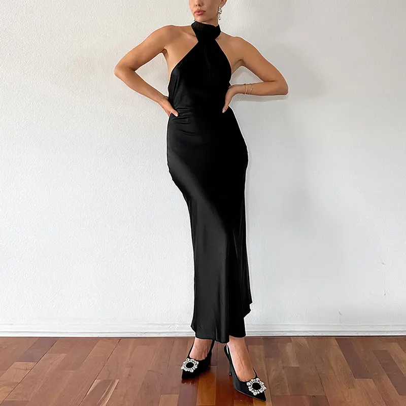 

Black Fashion Slim-Fit Halter Dress Back Strap Design Sexy High Waist Fishtail Skirt Halter Style Sleeveless Dress