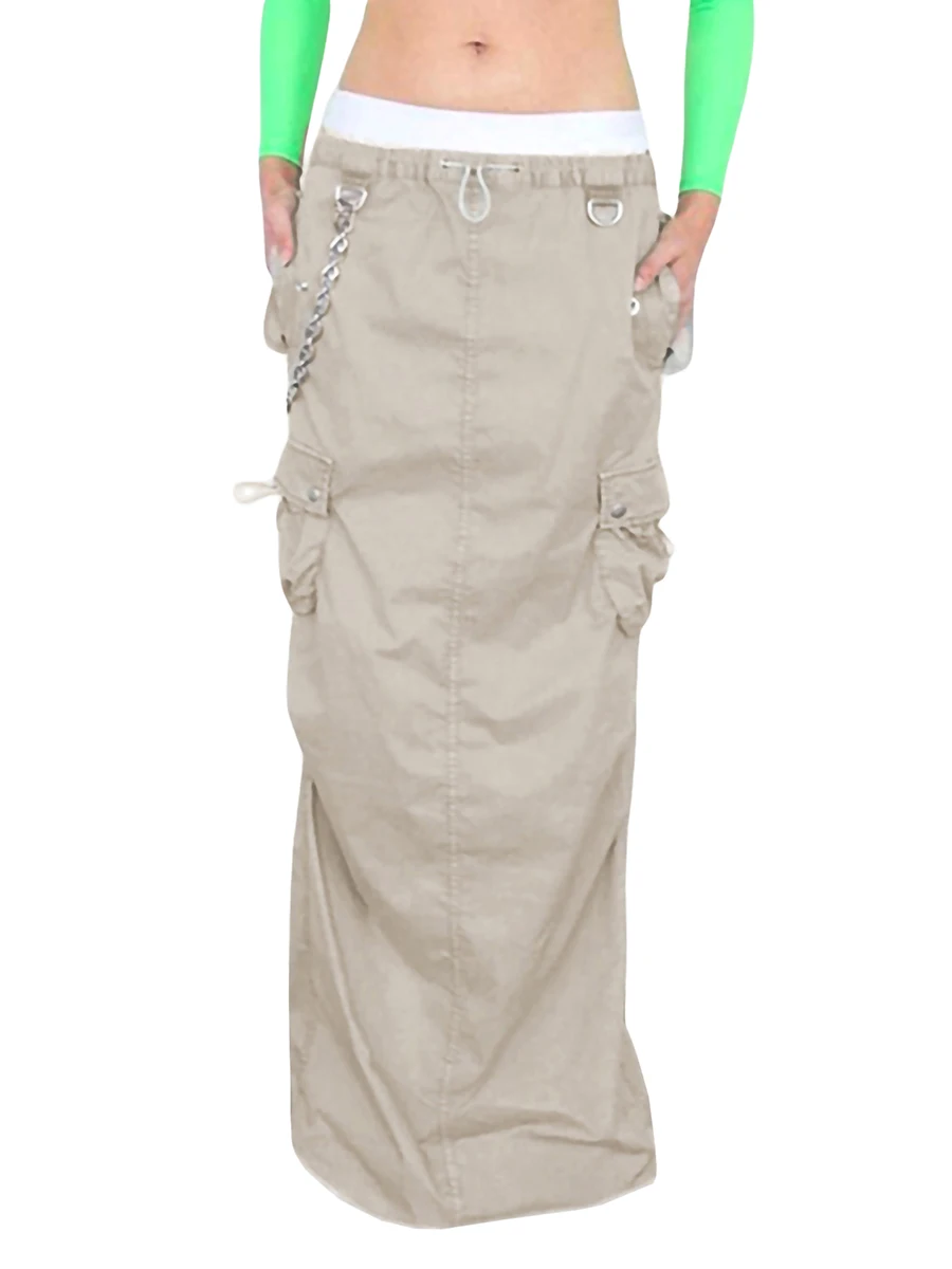 

Women Girls Gothic Cargo Maxi Skirts Drawstring Low Waist Split Straight Skirt with Pockets Y2k Vintage Harajuku Streetwear