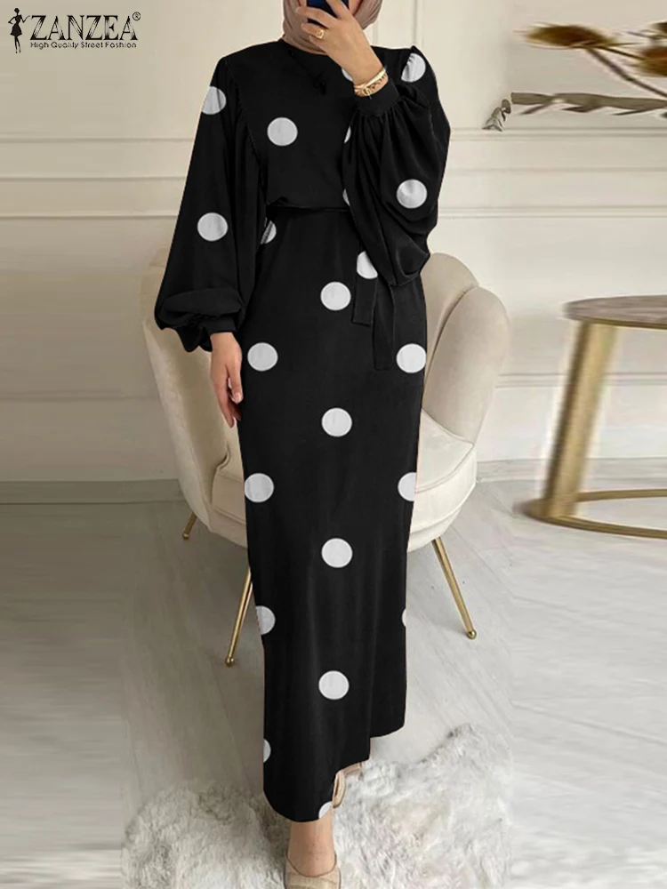 2022 ZANZEA весеннее мусульманское платье повседневное с длинным рукавом абайя хиджаб Maxi Vestido Robe Femme винтажный женский сарафан в горошек с принто...