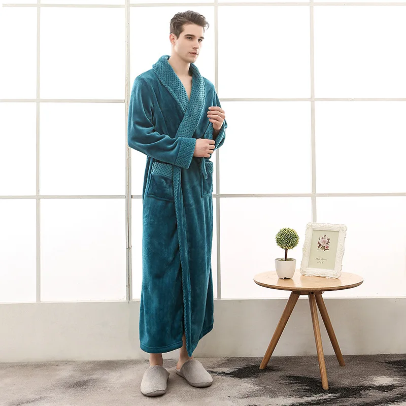 Men Dressing Gown Winter Thick Man Fleece Fluffy Long Bathrobe With Sashes Long Sleeve Solid Pockets Bath Robe Male 2023