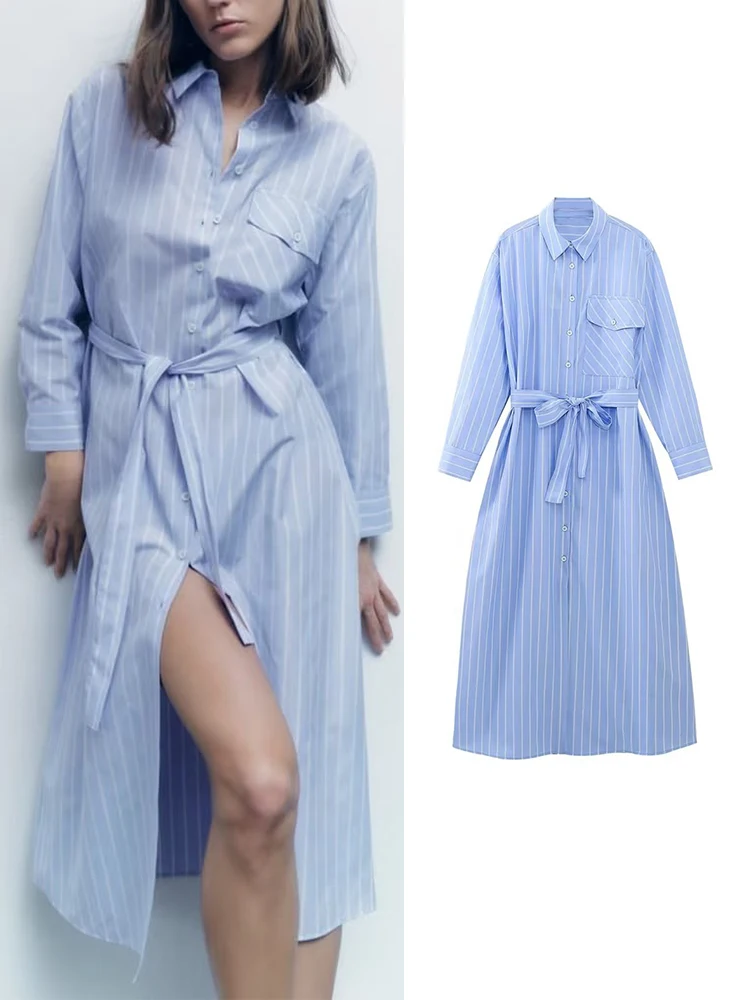 

Женское платье в полоску с поясом RDMQ, элегантное платье-трапеция до середины икры с отложным воротником и длинным рукавом, весна-лето 2023