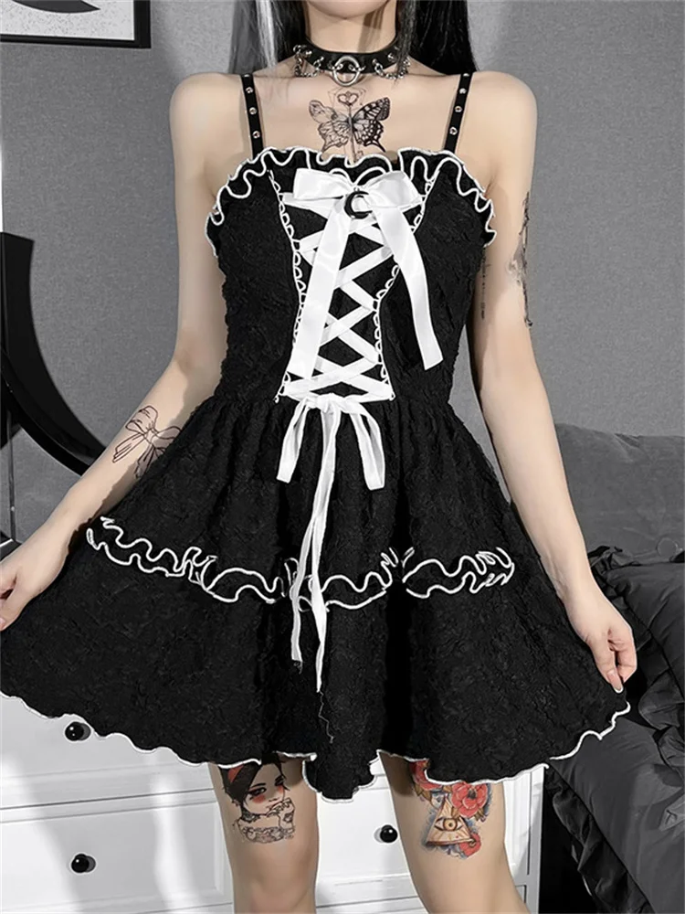 

Harajuku Vintage Pleated Sleeveless Mini Dress Y2K Gothic Black Spaghetti Straps Sexy Slim Bandage Wooden Ear Edge A-Swing Dress