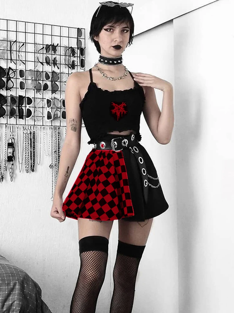AltGoth Harajuku Punk Gothic Skirt Women Y2k E-girl Emo Alt Retro Plaid Patchwork High Waist Skirt Mall Goth Aesthteic Clubwear