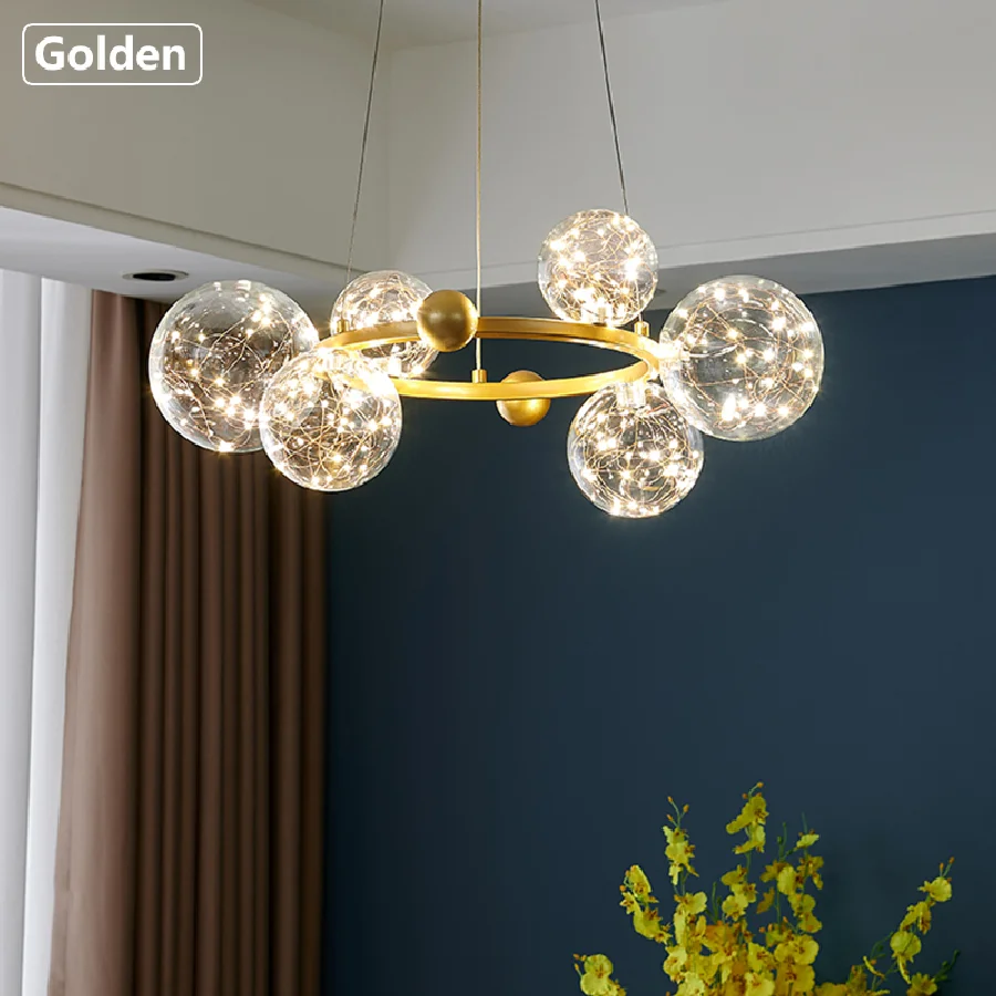 

Creative Chandelier Circle Lights Clear Glass Ball Ceiling Hanging Lamp Romantic Star Living Room Decor Led Lighting Gold