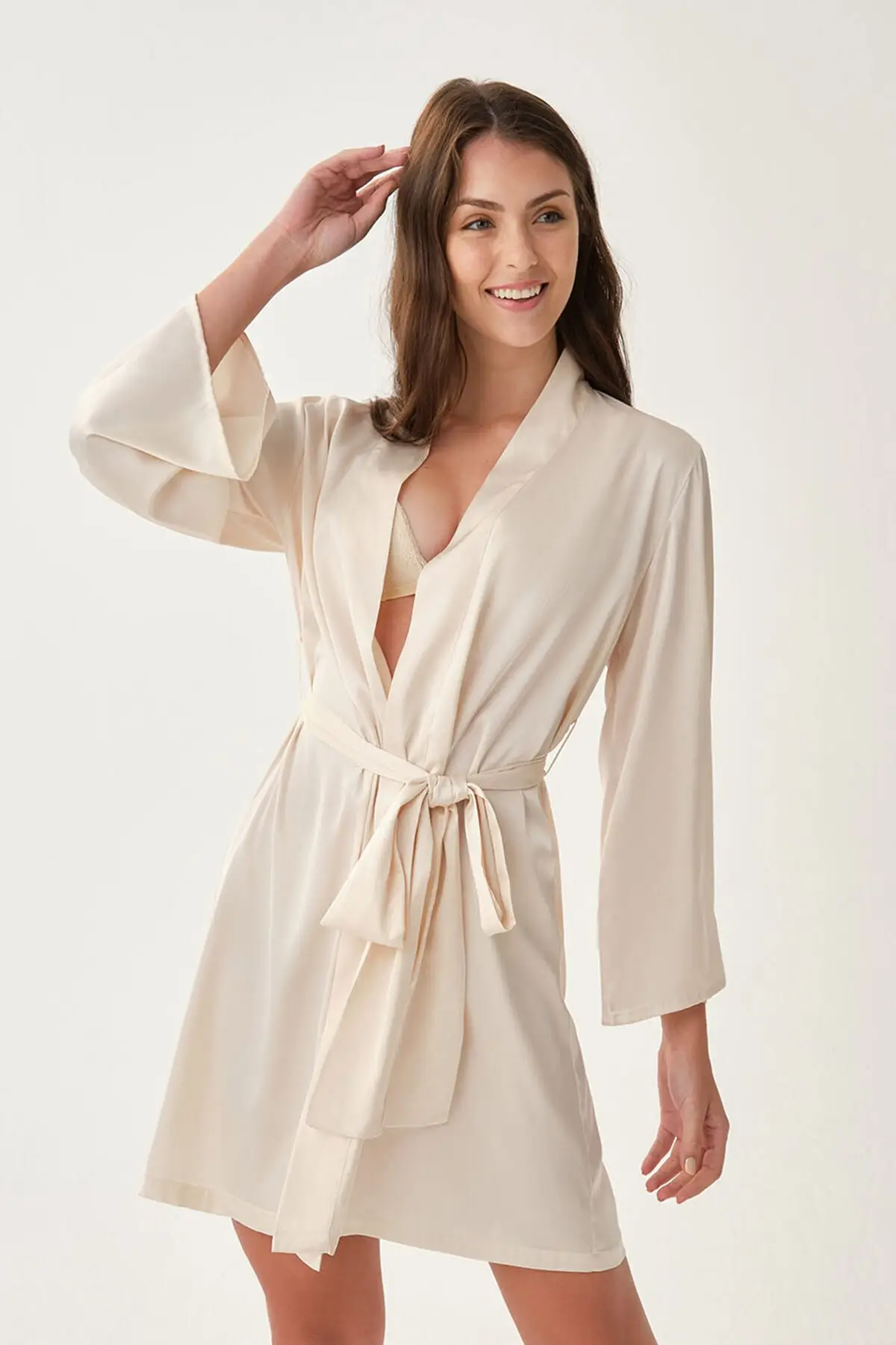 

Dressing Gown Beige Back Detailed Fashion Robe Robe Robe Sexy Peignoir Kimono Bride Sleepwear Night Gown