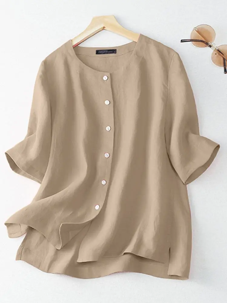

Блузка ZANZEA Женская однотонная на пуговицах, повседневная элегантная рубашка с рукавом до локтя, с круглым вырезом, винтажный пляжный топ дл...