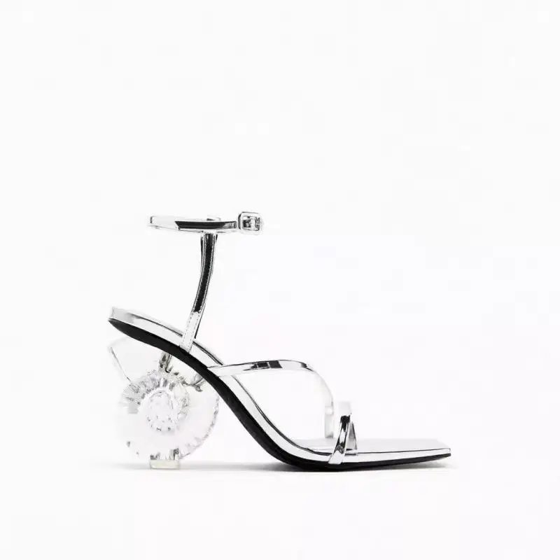 Сандалии Серебристые прозрачные на каблуке 8 см с квадратным носком
