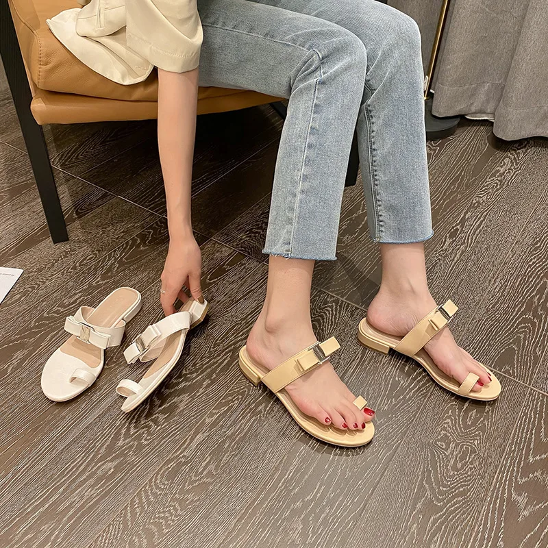 

Shoes Women Slippers Casual Low Pantofle Slides Butterfly-Knot Soft Luxury 2022 Flat Butterfly-knot PU Rome Leisure Hoof Heels