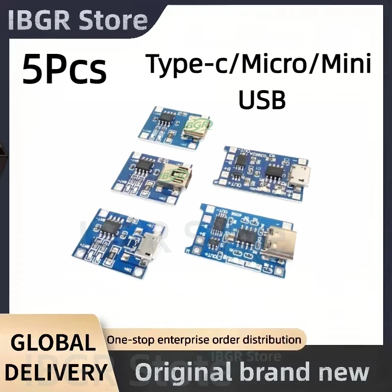 Фото 5 шт. модулей зарядки TP4056 Type-C/Micro/Mini USB 5V 1A для литиевых аккумуляторов 18650 с двойной защитой №1
