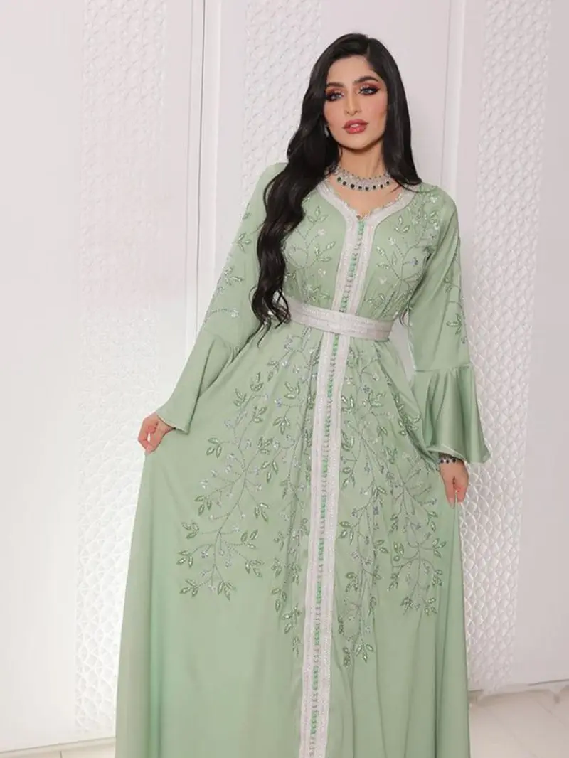 PLEINDI Bohemian Evening Dresses V-Neck Long Sleeves Straight Ankle-Length Chiffon 2022 New of Embroidery Boho Prom Women Dress