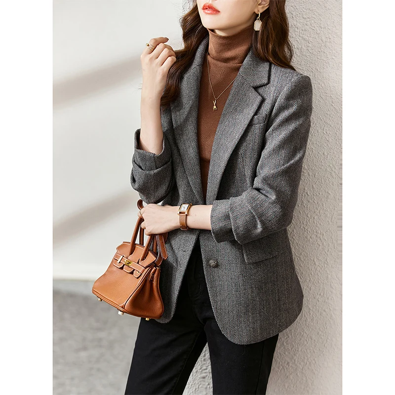 Vimly Thicken Padded Wool Suit Jacket Women Fashion Casual Grey Long Sleeve Warm Quilt Coat Tweed Blazer Winter Clothes V6858