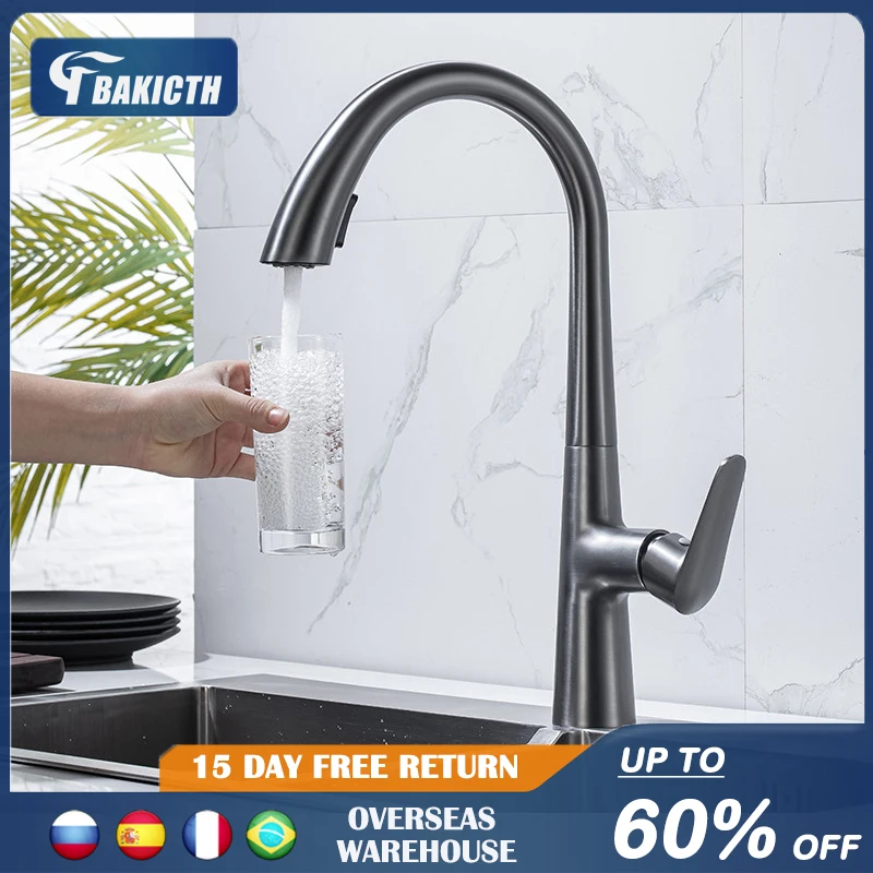 Bakicth Gun Gray Pull-out Kitchen Faucet Hot And Cold Water basin Sink Faucet Rotatable Retractable Black And White 60CM Pull